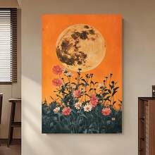 Enmarcado Lienzo impreso en 2D plano, Luna y Flores -  con cielo naranja vibrante, diseño plano en 2D  para dormitorio, sala de estar o decoración de residencia estudiantil, idea de regalo perfecta, decoración de pared para dormitorio |  vibrante | Diseño plano en 2D, decoración de luna - Enmarcado - Ver 3