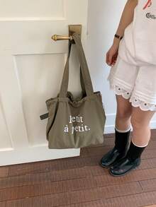 2025 New Drawstring Large Capacity Shoulder Canvas Bag, Japanese Letter Print Nylon Tote Handbag, Commuter - Army Green - View 3