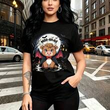 Camiseta de mujer con estampado divertido de vaca vampiro cartoon con alas de murciélago y texto "BOO-NA-HA-HA" - camiseta casual de cuello redondo, ajuste cómodo y estilo urbano alternativo perfecto para calles de la ciudad - ideal para Halloween, D - Negro - Ver 8