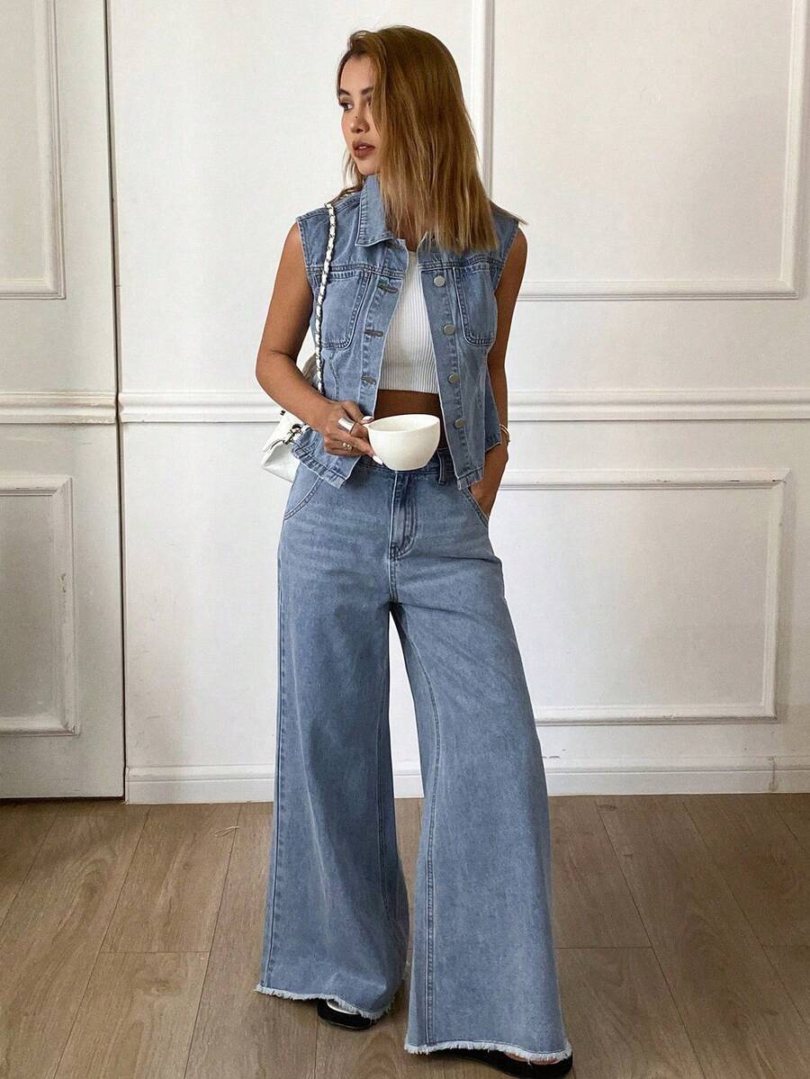 Women Denim Two-Piece Outfits - 藍色的 - 查看 1