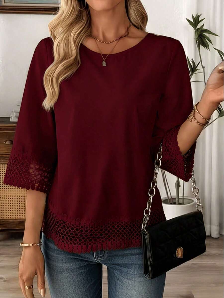 Blusa blanca elegante de talla grande para mujer con adorno de encaje a crochet, de longitud regular para primavera - Rojo azufaifo - Ver 1