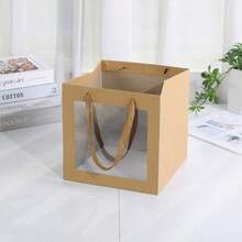 12 túi giấy Kraft vuông 15*15*15cm có cửa sổ trong suốt, túi cầm tay đóng gói nhu yếu phẩm hàng ngày, hộp quà sinh nhật, túi giấy đựng chậu cây nhỏ và hoa, phù hợp cho sinh nhật, đám cưới, Valentine, Lễ Phục sinh - quảng trường - Xem 3