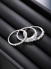 Set 3 Buah Cincin Mewah Batu Zirkonia Kubik, Cocok untuk Wanita, Ideal untuk Pernikahan, Pertunangan, Pesta Ulang Tahun, Hadiah Hari Valentine - Perak - View 4