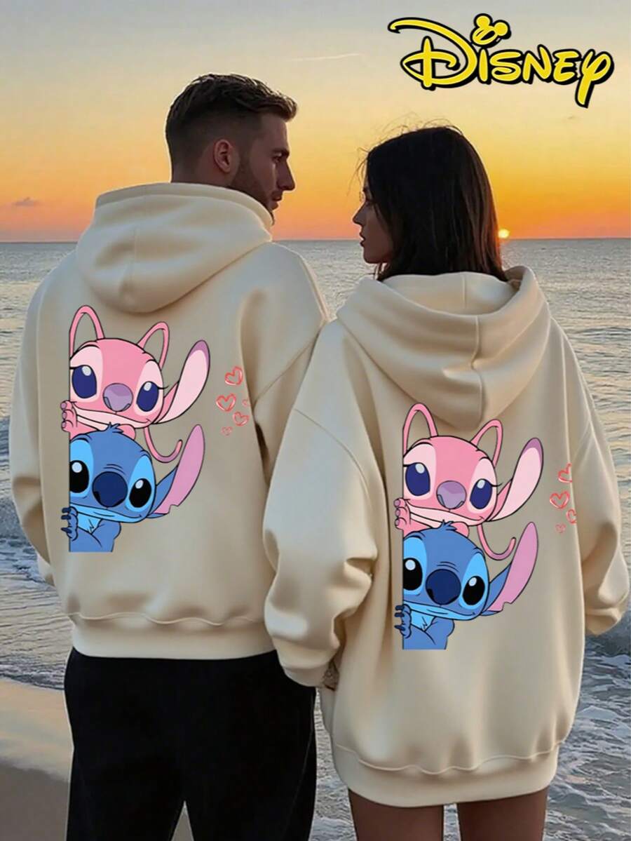 Couples Disney Lilo & Stitch Peeking Stitch And Angel Print Hooded Sweatshirt, Casual Loose Streetwear Hoodie, Sold As Single Piece 1pcs - Quả mơ dành cho nữ - Xem 1