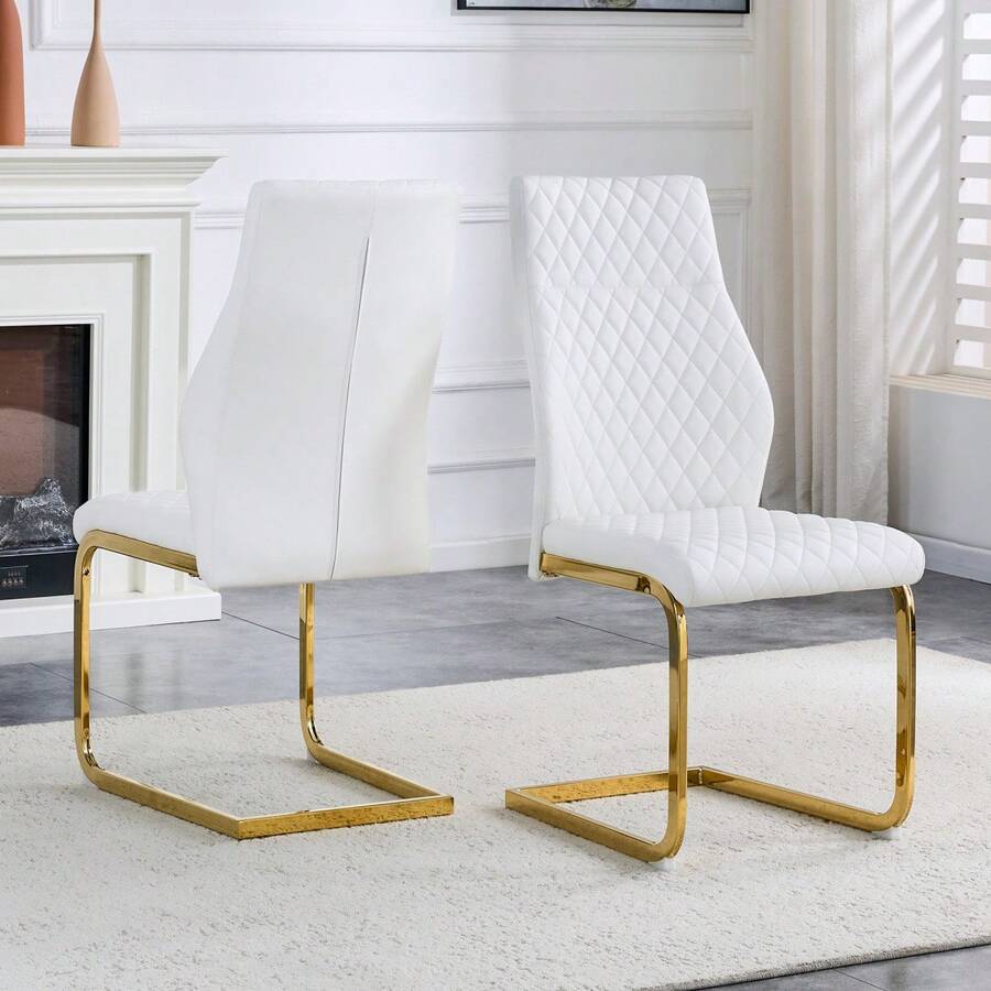 [Set Of 2] Dining Chairs With Diamond Pattern / Set Of 2 Modern Dining Chairs / High Backrest + Comfortable Seat Cushion / Non-Slip And Durable Metal Frame / Suitable For Dining Room, Living Room And Kitchen - White + Gold - View 1