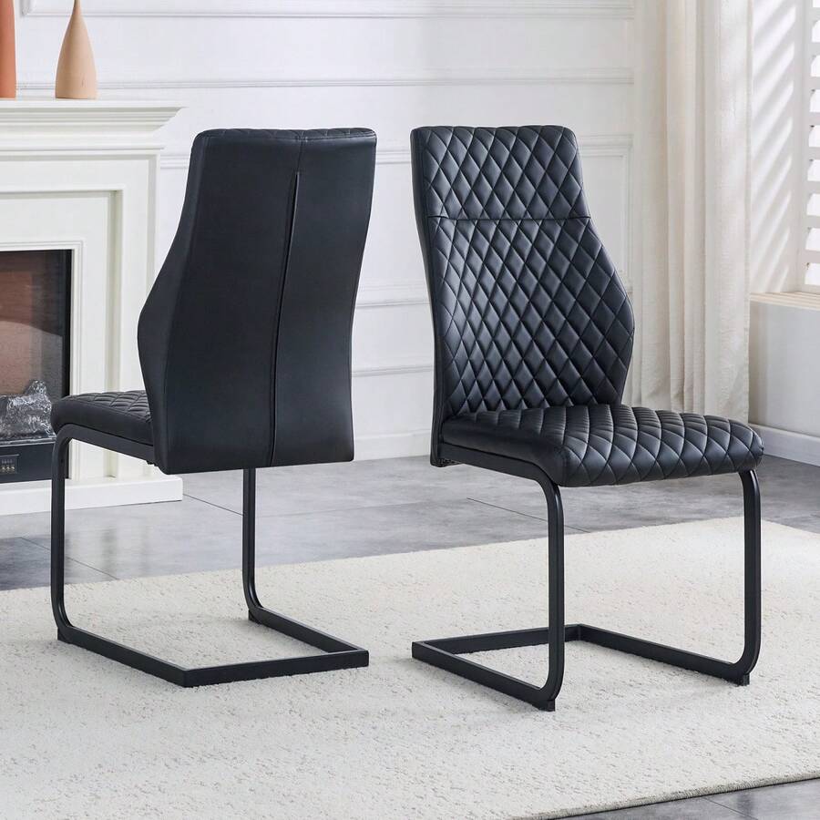 [Set Of 2] Dining Chairs With Diamond Pattern / Set Of 2 Modern Dining Chairs / High Backrest + Comfortable Seat Cushion / Non-Slip And Durable Metal Frame / Suitable For Dining Room, Living Room And Kitchen - 黑色 - 查看 1
