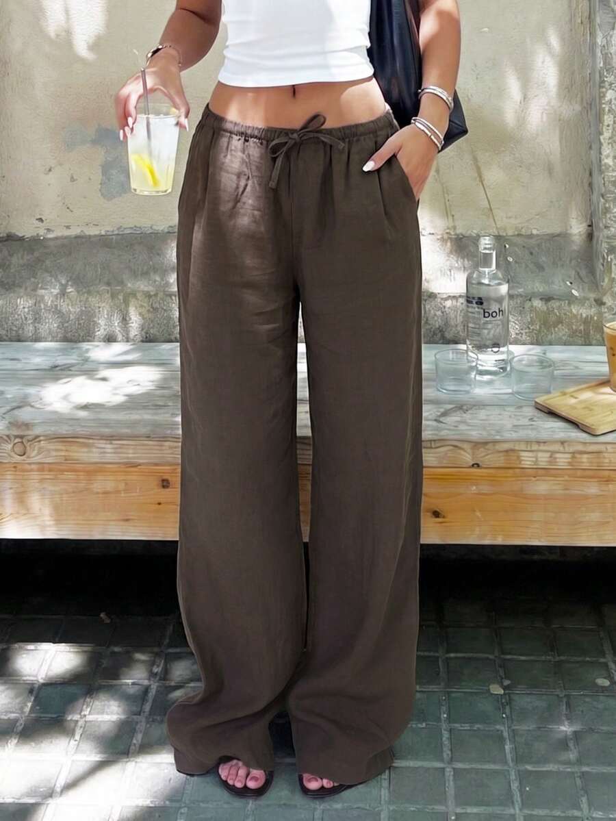 SMILE CHIC Fashion Casual Women's Long Linen Low-Waist Straight Leg Pants With Drawstring And Pockets, Relaxed And Comfortable For Vacation And Home Wear - Chocolate Brown - View 1