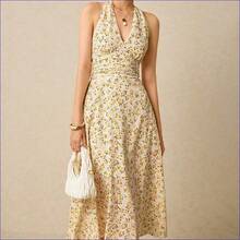 Vestido maxi con estampado floral romántico, escote halter y cintura fruncida, adecuado para vacaciones, bodas, fiestas de verano. Vestido de mujer con estampado floral pequeño, escote halter y cintura fruncida, ideal para verano, playa, primavera, Pascua, eventos. - Azul y blanco - Ver 3