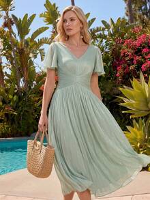 EVERPRETTY Women's Elegant Romantic V-Neck Short Sleeve Ruffle Sleeve Chiffon Evening Dress, Suitable For Spring/Summer Wedding, Formal Occasion, Graduation Party, Holiday, Birthday Party - Mint Green - View 2