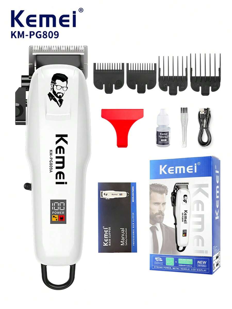 Kemei Máy cắt tóc điện gia dụng KM-PG809A, điều chỉnh 5 tốc độ, màn hình thông minh, sạc nhanh USB, pin bền lâu, máy tỉa tóc và râu, động cơ tốc độ cao, lưỡi dao R-Type thân thiện với da, 1 chiếc