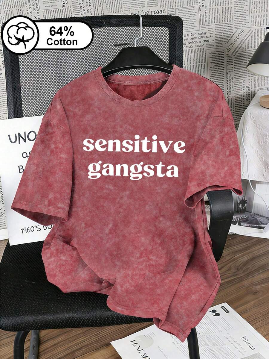 女款大尺碼休閒T恤 白色「Sensitive」字母印花復古雪洗短袖上衣 夏季女裝 - 紅色 - 查看 1