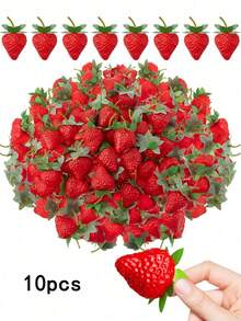 1/5/10pcs Artificial Red Strawberries, Realistic Plastic Fake Fruit, Suitable For Home Kitchen Party Decoration, Photography Props, Red Plastic Fruit Decor, All-Season Summer Decoration, Suitable For All Room Types, Holiday Fake Strawberry Gift, Birthday Graduation Gift, Artificial Plant - Red - View 10