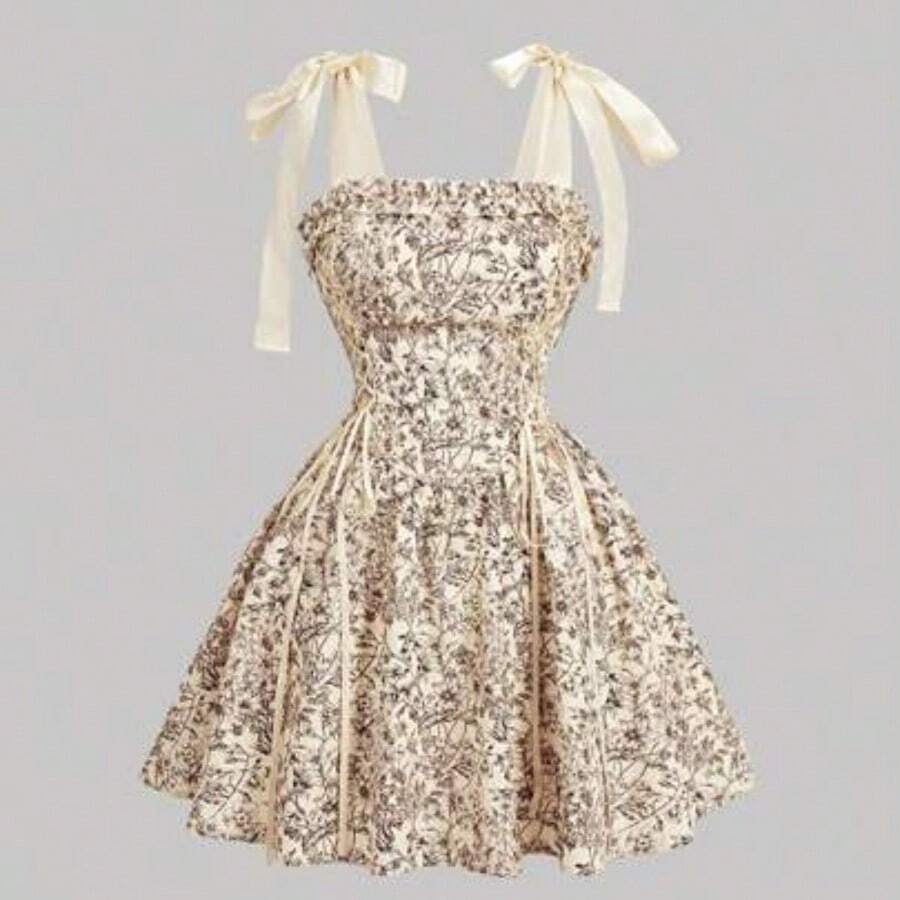 MOD Vestido corto rosado de mujer con estampado floral marrón y cinturón, vestido de patinadora acampanado vintage para graduación y té - Amarillo - Ver 1