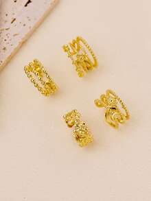4pcs/Set Fashionable Gold Star & Moon Open Ring Set, Suitable For Daily Wear Or Gift For Friends - Yellow Gold - View 3