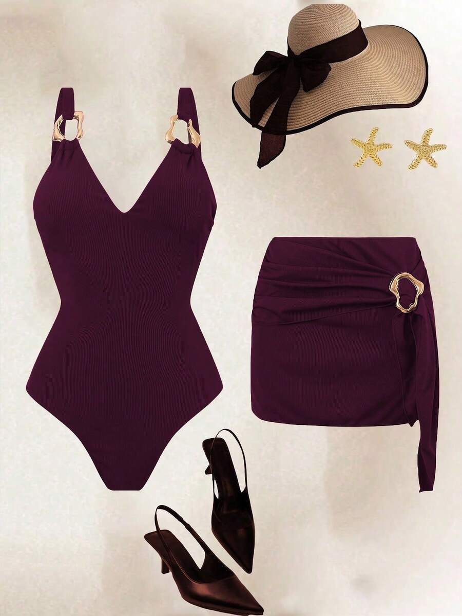 Swim Oasis Conjunto de traje de baño de una pieza con decoración de metal de unicolor y minifalda, adecuado para vacaciones en la playa, fiestas en la piscina y fiestas en la playa - Burdeos - Ver 1