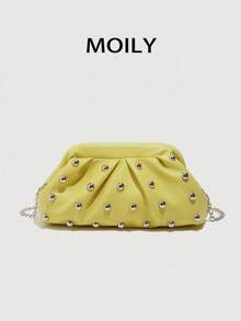 1pc Fashionable Yellow Women's Lightweight PU Leather Crossbody Bag, Decorated With Eyelet, Rivet And Pleats, Detachable Chain Strap Convertible To Clutch, Suitable For Work, School, Shopping, Dating, Travel And Outdoor Activities, Great Gift - Yellow - View 7