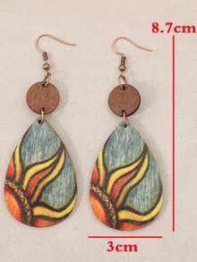 1 Pair Teardrop Shaped Vintage Painted Floral Wooden Niche Elegant Earrings - Multicolor - View 3