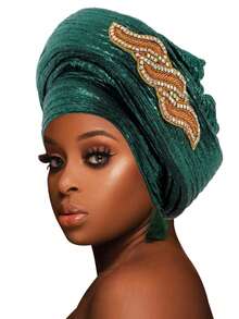 1pc African Gele Style Turban, Shiny Velvet Rhinestone Embellished Head Wrap Cap - F - View 14