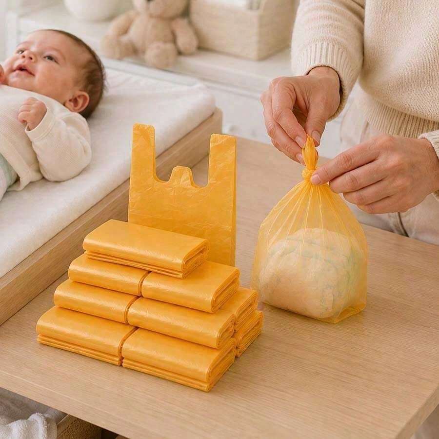 100/200Pcs Yellow Disposable Trash Bags, Baby Diaper Disposal Bags, Portable Mini Car Garbage Bags, Suitable For Outdoor, Stroller, Desk, Kitchen, Living Room, Bathroom, Nursery Cleanup - Yellow - View 1
