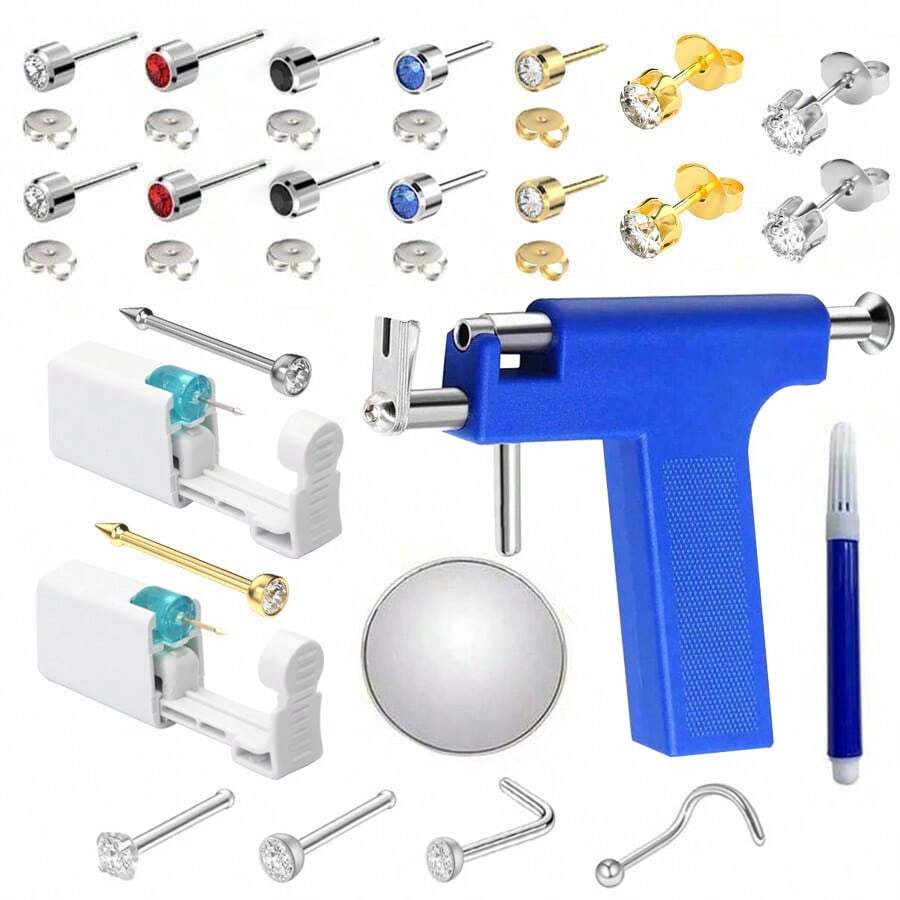 Ear Piercing Kit Professional Ear Piercing Gun With 14pcs Stainless Steel Earrings Stud,2PCS Disposable Nose Piercing Gun,4pcs Nose Rings
