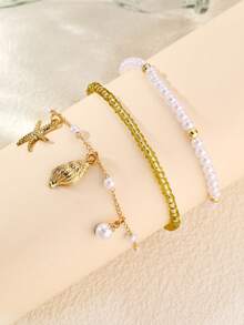 3pcs/Set Girls Pearl Beaded Starfish & Shell Pendant Bracelet Set, Suitable For Daily Decoration - Multicolor - View 2