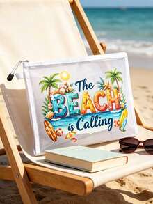 The Beach Is Calling 透視網格化妝包，夏季熱帶棕櫚樹印花拉鍊收納袋，便攜式旅行盥洗用品收納袋，輕量海灘化妝收納袋，化妝包，零錢包，配件收納袋，口紅與氣墊粉撲收納便攜化妝包透明收納袋盥洗包旅行收納袋，化妝包化妝收納袋護膚包盥洗包，度假、日常使用與戶外活動適用透明網格化妝收納袋，情人節禮物，母親節禮物 - 彩色 - 查看 4