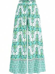 [Free Shipping]Women Wide Leg Pants Casual High Waist Floral Palazzo Pants For Women Flowy Lounge Boho Beach Trousers Pockets Women's Wide Leg - 綠色 - 查看 1