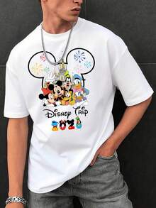 These 2026 Disney Trip Couple T-Shirts Feature Mickey And Minnie Mouse's Faces And A Castle, Making Them An Ideal Choice For Couples And Families. - 男士款-白色 - 查看 2