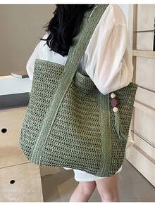 Bolso de mano de ganchillo estilo bohemio, silueta de gran capacidad con elementos naturales, primera opción de los fashionistas, ligero y llamativo, añade un toque casual tropical a cualquier atuendo - Verde - Ver 5