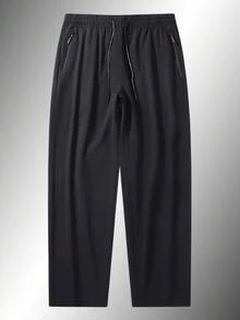 1pc Men's Plus Size Summer Casual Pants, Elastic Drawstring Waist, Straight Leg With Zipper Pockets, Suitable For Daily And Outdoor Wear - Black - View 4