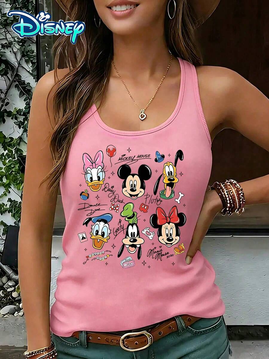 Disney Official Authorization | Women's Casual Round Neck Sleeveless Vest. With Disney Character Group Portrait As The Theme, It Matches With Character  And Interesting Graffiti Print, Which Is Playful And Full Of Vitality. It Is An Age Reducing Item For Daily Wear And An Ideal Choice For Showcasing Personal Style. - Pink - View 1