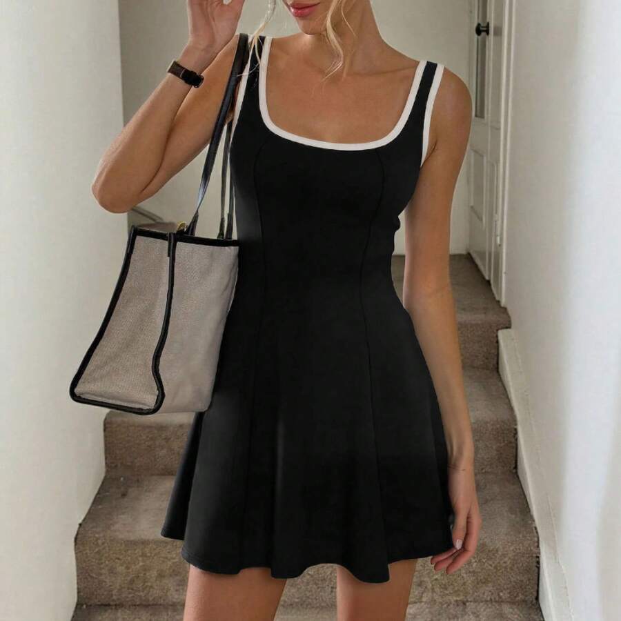 New Summer Sporty U-Neck Color Contrast Slim A-Line Tennis Dress - 黑色 - 查看 1