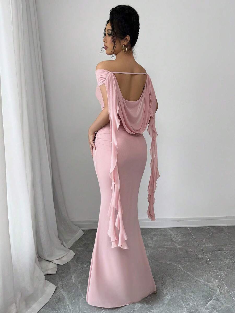YkhahaElenzga Vestido de sirena de unicolor elegante con hombros descubiertos para mujerYkhaha - Rosa - Ver 1