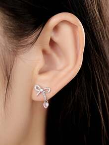 1 Pair S925 Silver Pink Bow Pendant Earrings, Sparkling Zirconia Inlaid, 18K Gold Plated, Elegant Jewelry Set, Suitable For Women's Daily Casual, Party, Travel, Comes With Exquisite Gift Box, Suitable For All Seasons - Silver - View 3