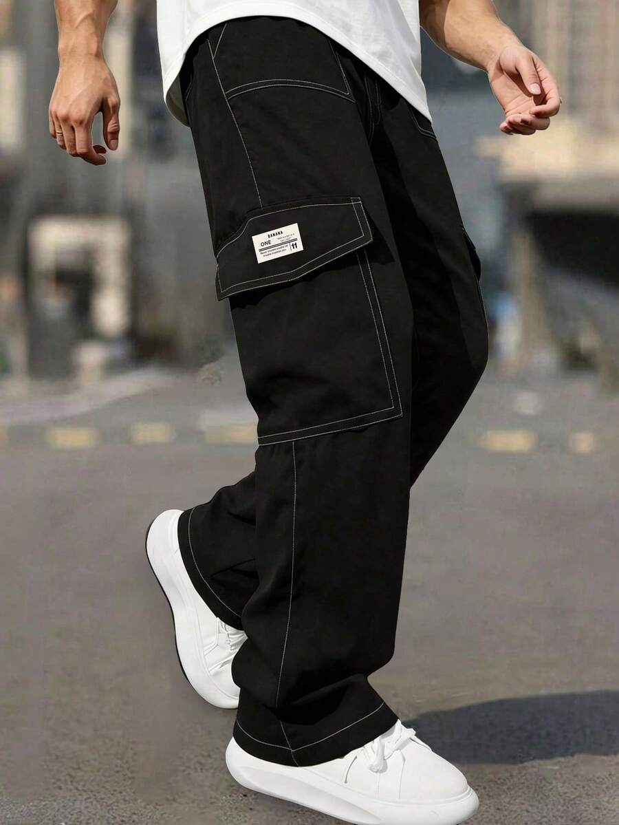 Spring/Autumn Men's Multi-Pocket Cargo Straight Leg Pants, Solid Color Loose Fit, Versatile For Fitness, Commuting And Sports - Black - View 1