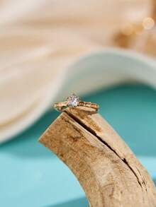 Nooxian 1pc Transparent Round Cubic Zirconia Ring - Yellow Gold - View 7