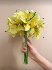 12/1 Artificial Yellow Lily Flower, Artificial Flower Decoration, Suitable For Home Decoration, Bouquets, Wedding Bridal Gifts, Birthday Party Supplies, Table Decoration, Yard Decoration, Wedding Decoration, Hand Bouquet, Fake Flowers, Back To School Decoration - Yellow - View 3