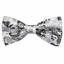 Grey Floral Jacquard Men Bow Tie Pocket Square Cufflinks Ring 4Pcs Set, Random Cufflink Pattern, Wedding Business Holiday Formal Accessories - Grey - View 5