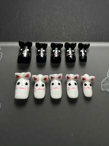Handmade Press On Nails, 10Pcs Black & White 3D Cat Fake Nails With Kitty Face & Ears, Almond Acrylic Nails, Reusable False Nails For Cosplay/Kawaii Party - Black and White - View 2
