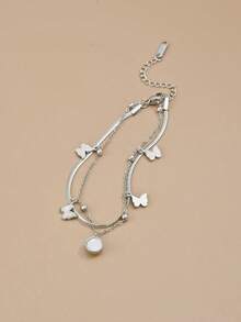 1pc Fashionable Polished Butterfly Double Layer Stainless Steel Women's Anklet, Stainless Steel Jewelry, Silver Jewelry, Summer, Beach, Vacation Jewelry, Charm, Western Jewelry, Gift For Women, Gift Giving, Birthday Gift - Silver - View 2
