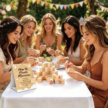 Babyparty Dekorationsspielset, enthält "Hilf uns Erinnerungen zu schaffen" Schild, 20/30/50 DIY Blanko-Holzblöcke, 1 Packung Stifte, kann als Hochzeits- oder Babyparty-Spielpreis verwendet werden. - Kamelfarben - Übersicht 1