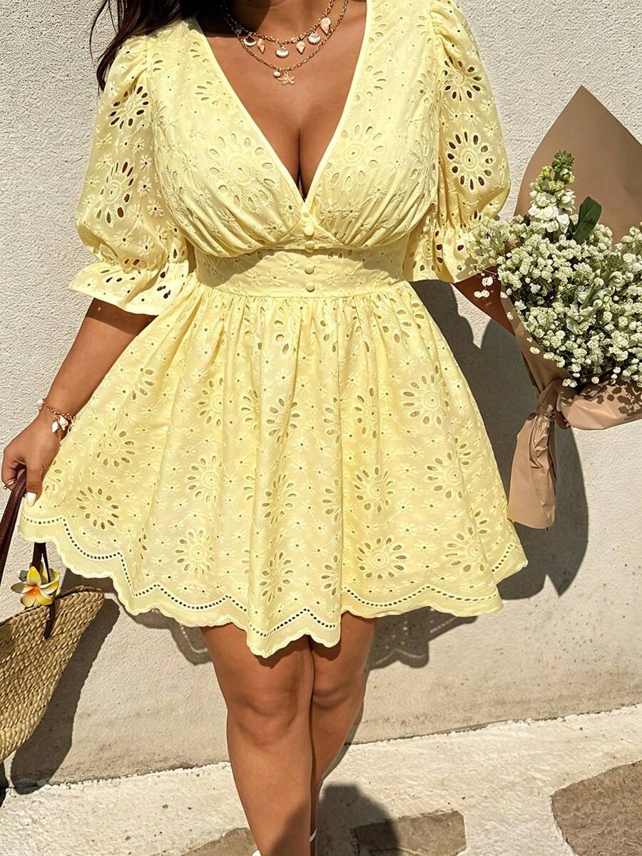 Vestido elegante de vacaciones de primavera/verano para mujer con cuello en V, mangas abullonadas, bordado, textura, botones, volantes en la cintura, talla grande - amarillo ganso - Ver 1