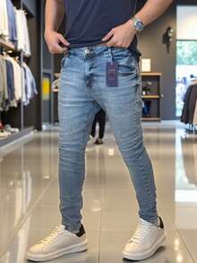 Men's Slim Fit Premium Denim Jeans With Elastane Lycra - 藍色奢華 - 查看 1