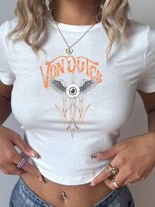 Print Women's Retro Street Brand Style Van Dutch Orange Winged Eye Print Crew Neck Short Sleeve Slim Fit Cropped T-Shirt Summer Polyester Versatile Everyday Wear Perfect Gift Her - trắng - Xem 1