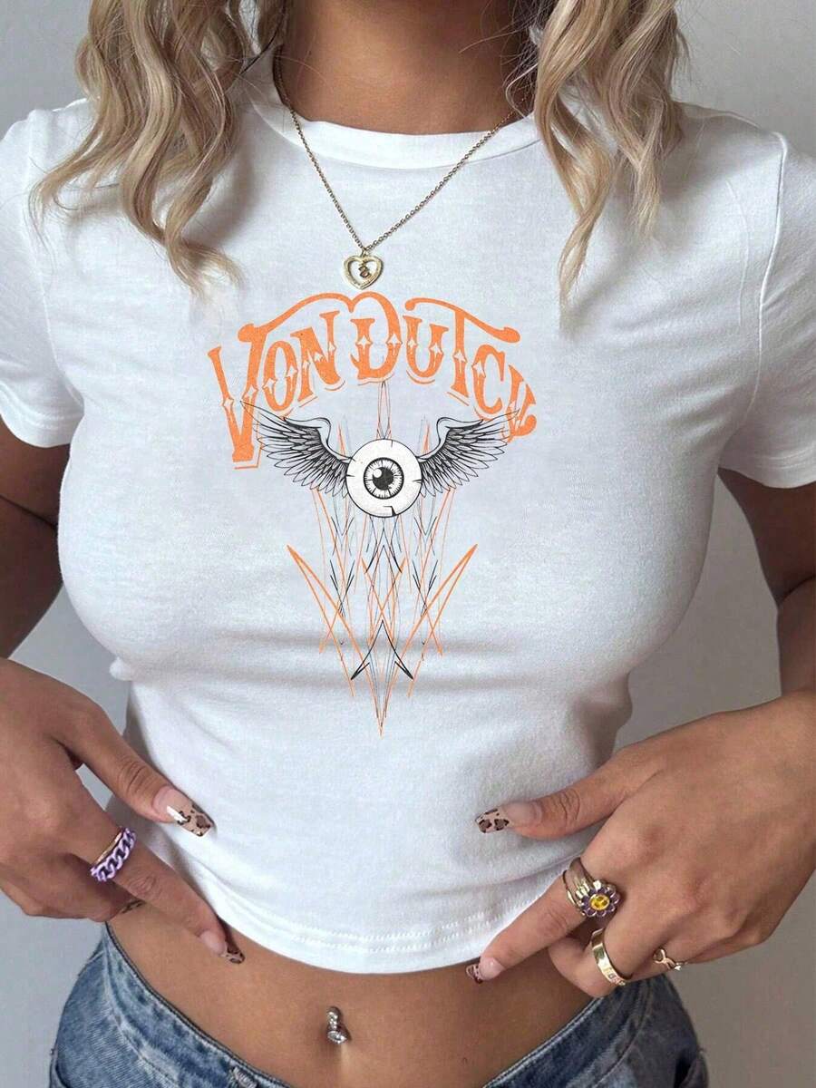 Print Women's Retro Street Brand Style Van Dutch Orange Winged Eye Print Crew Neck Short Sleeve Slim Fit Cropped T-Shirt Summer Polyester Versatile Everyday Wear Perfect Gift Her - trắng - Xem 1