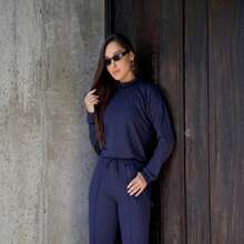 Women's Woolen Set - Pants And Turtleneck Top - Winter - Navy Blue - View 1