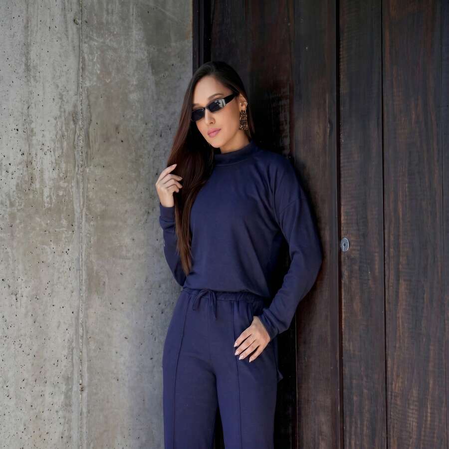 Women's Woolen Set - Pants And Turtleneck Top - Winter - Navy Blue - View 1
