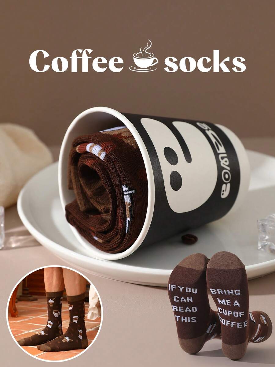 1 Par de Meias Divertidas com Estampa de Xícara de Café Marrom Escuro até a Panturrilha, Unissex, Conjunto de Caixa de Presente com Copo de Papel de Café Preto & Branco, Design Criativo Realista de Alimentos Divertido e Excêntrico, Volta às Aulas, Uso Doméstico, Adequado para Formatura/Natal/Carnaval/Páscoa/Ação de Graças/Halloween, Presente Surpresa, Meias de Estilo de Rua para Uso Diário, Essencial para Looks Casuais, Presente Perfeito para Academia/Casa/Escritório/Viagem Curta/Corrida/Esportes ao Ar Livre