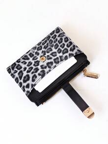 Classic Fashion Leopard Print Patchwork Short Wallet, Compact And Lightweight PU Wallet With Card Slots And Snap Closure - Black - View 6