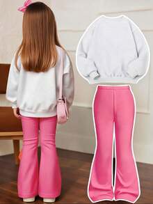 Sweet Letter Print Crew Neck Sweatshirt And Casual Pants 2-Piece Set, Suitable For Spring And Autumn, Girls - Light Grey - View 2